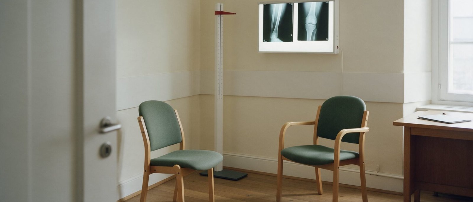 Illustrative image: an orthopaedic consultation room with a lightbox of leg X-rays and a stadiometer