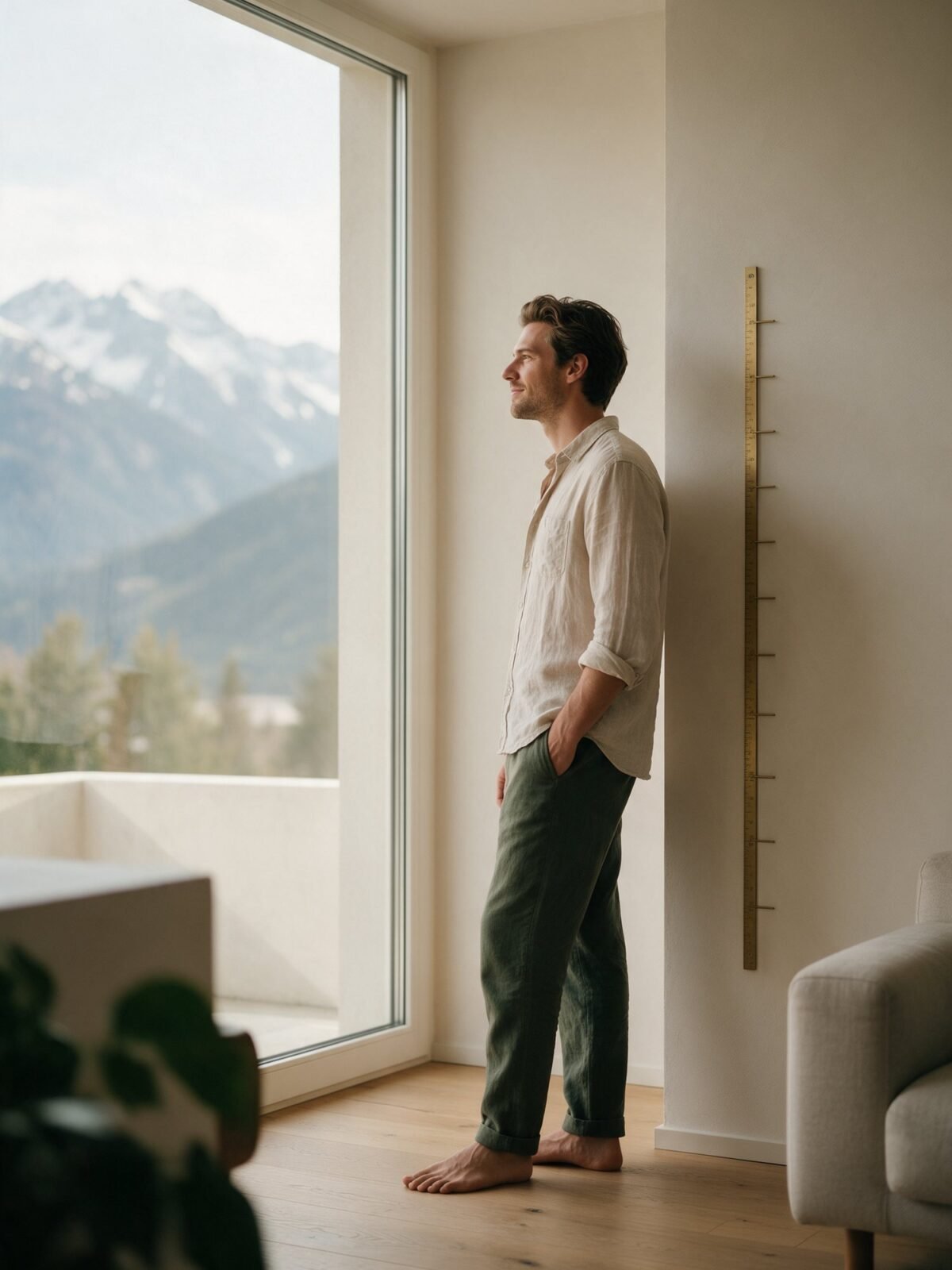 Illustrative image: a man standing by a window beside a height-measure rule, mountains beyond