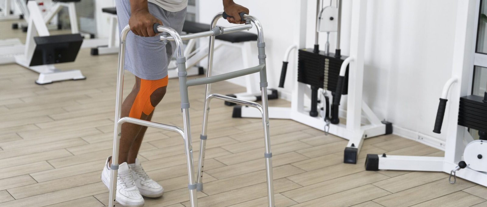 Patient walking with a frame during physiotherapy