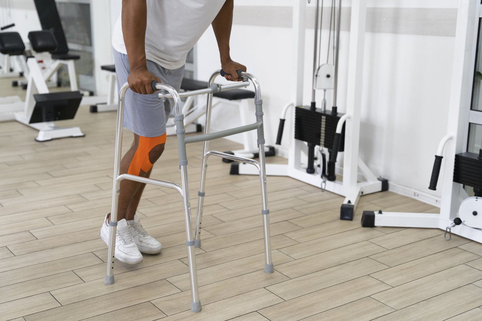 Patient walking with a frame during physiotherapy
