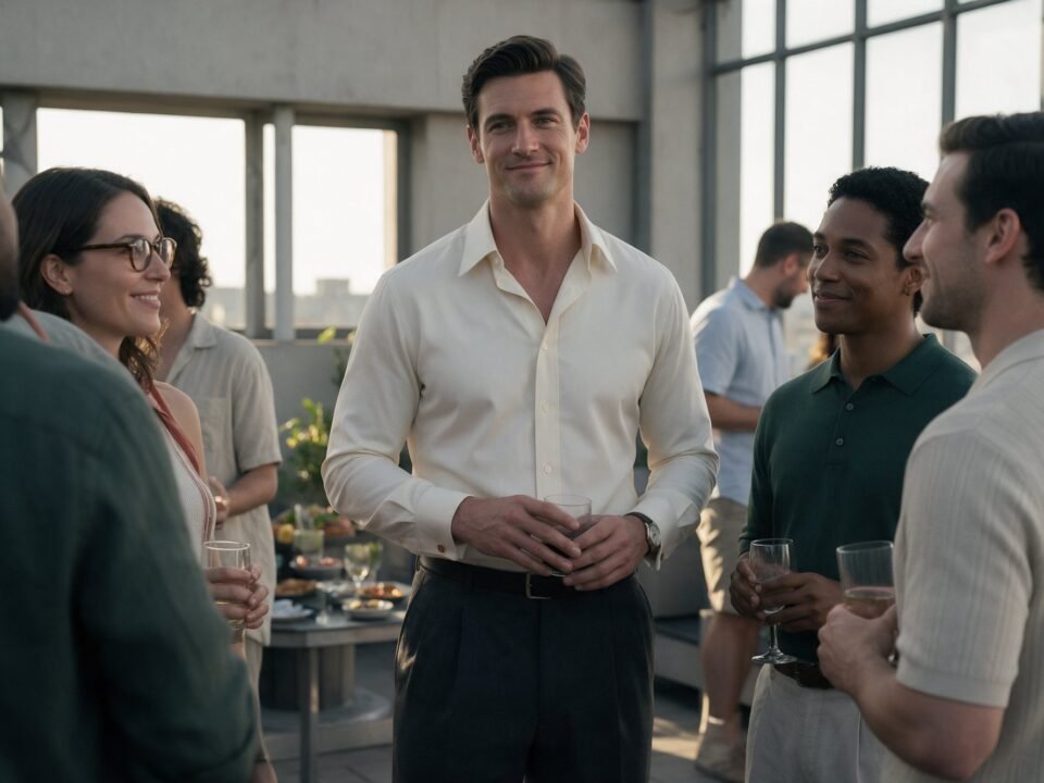 Illustrative image: a tall man among colleagues at a rooftop gathering