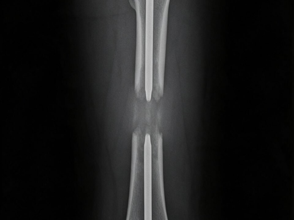 Illustrative render of a femur X-ray after lengthening with an intramedullary nail