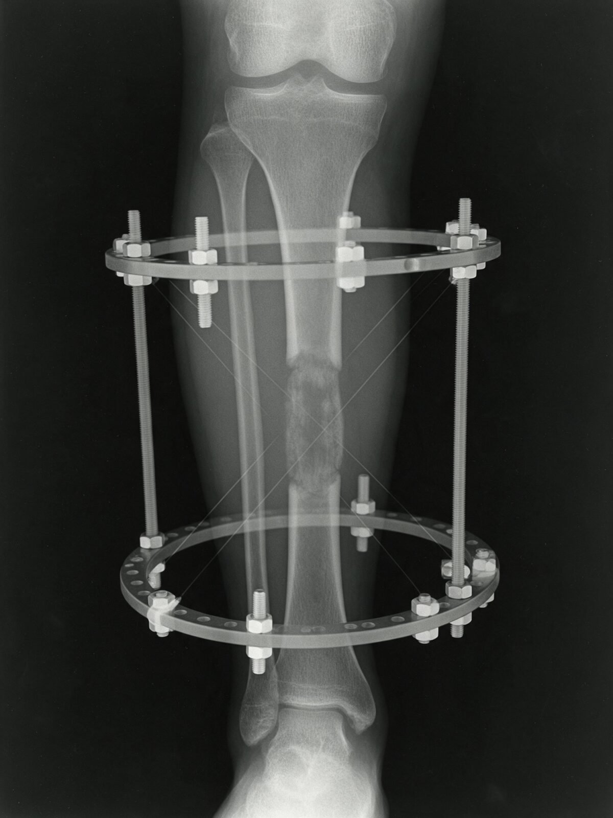 Illustrative render of a tibia X-ray with an Ilizarov circular frame