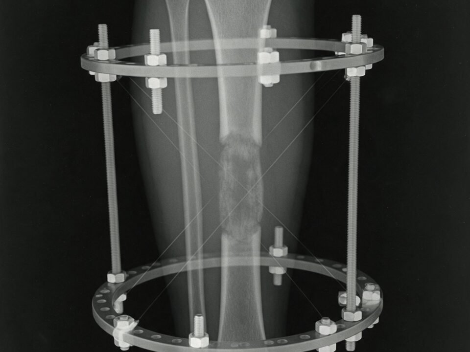 Illustrative render of a tibia X-ray with an Ilizarov circular frame