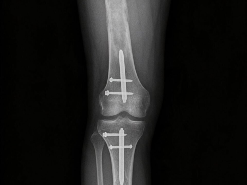 Full-leg X-ray showing femoral and tibial intramedullary nails after lengthening (illustrative)